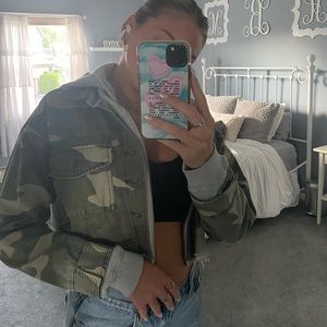Vintage Havana Cropped Camo Denim Jacket with Grey Sweatshirt underneath